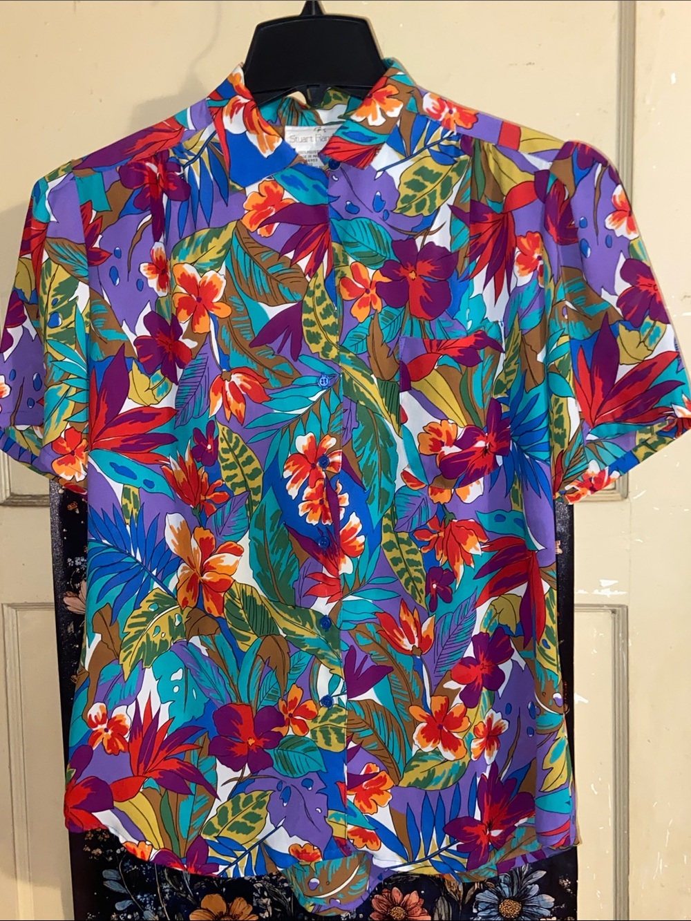 STUNNING VTG FLORAL BLOUSE Stuart Randolph VIBRANT Bird of Paradise Tropical